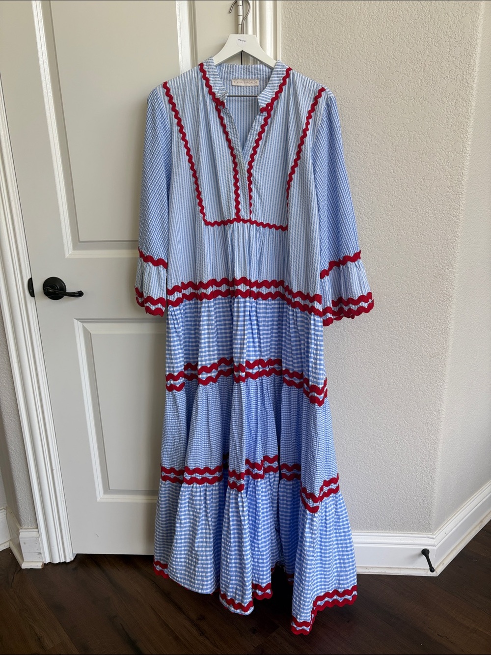 Light Blue Striped Maxi Dress with Red Trim and Tie Waist